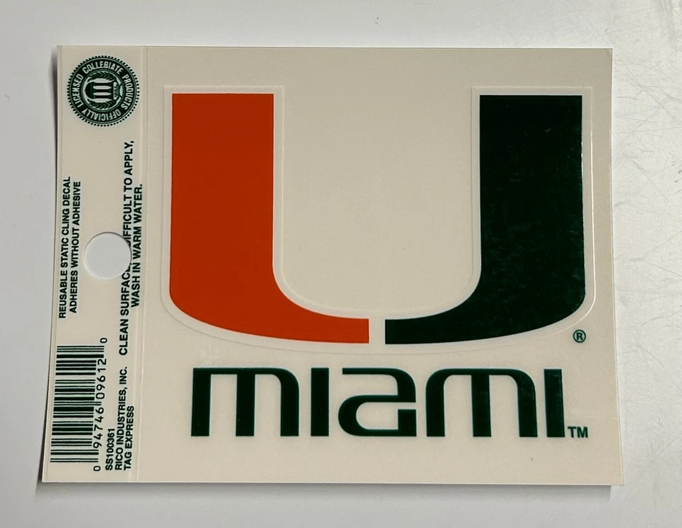 Miami Hurricanes Static Cling Sticker Window or Car NCAA The U