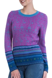 NOVICA 100% Alpaca Pink Blue Fair Isle Crew Neck Sweater Size L - Picture 1 of 7