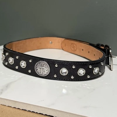 Cinturón de cuero genuino negro 26 tachonado estrás plata Concho Western Punk Foto 1 de 4