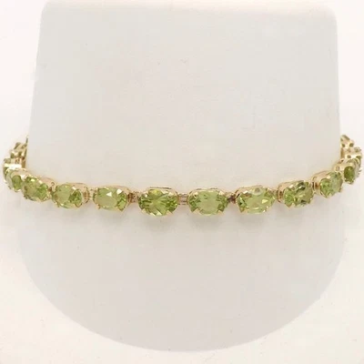 14k Gold Oval Link Setting Tennis Bracelet Natural Peridot August Birthstone 7in - Image 1 of 4