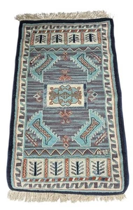 Vtg Handwoven Turkish Prayer Rug Wool Tribal Design Blue Aqua Rust Signed “B 82” - Picture 1 of 11