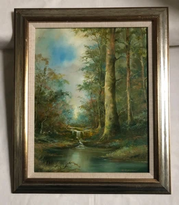 VINTAGE Signed Gold Wood Framed Oil Painting on Canvas Forest River 40X48cm - Picture 1 of 7