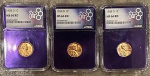 THREE (3) Lincoln Wheat Cents NGC 1958 D MS66 RD Purple Core - Picture 1 of 8