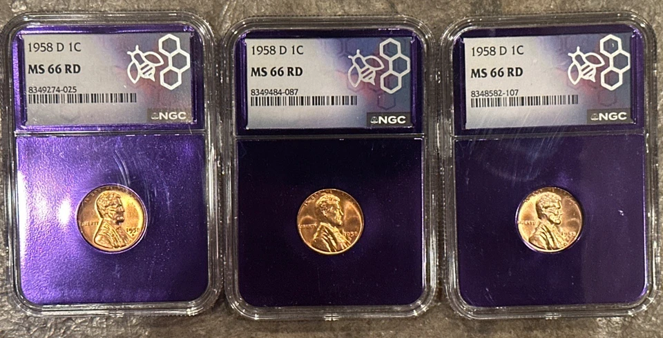 THREE (3) Lincoln Wheat Cents NGC 1958 D MS66 RD Purple Core - Image 1 of 4