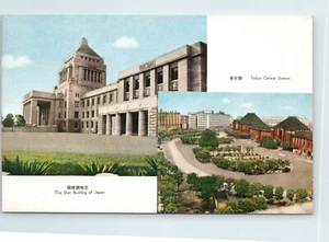 c.1950 Tokyo Japan Multiview Postcard Diet Building Japan Tokyo Central Station - Imagen 1 de 2