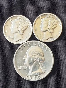 USA 1941 No mark, 1942 S Mercury Dimes & 1943 S Washington Quarter War Coins - Bild 1 von 5