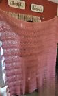 L Vtg Pink Fringed Crochet Knitted Afghan Blanket,Throw, County, Boho Decor.