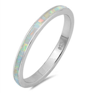 White Lab Opal Eternity Stackable Ring New .925 Sterling Silver Band Sizes 4-12