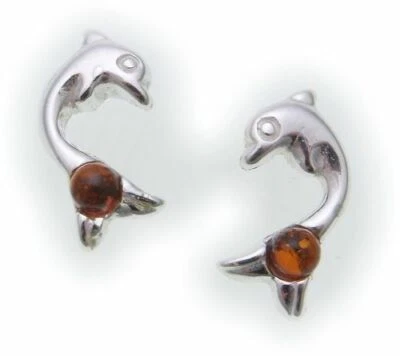 Orecchini Da Donna A Stecco In Ambra Vera Argento 925 Delfino Argento Sterlingo - Immagine 1 di 2