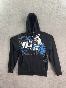 Volcom Hoodie Mens Small Black Blue Geometric Graphic Spell Out Logo Skater Y2k - Picture 1 of 11