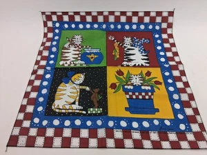 Cats w/ Fish Flower Pot Teddy Bear Alma Lynne Art Bandana Fabric Square 1997 - Picture 1 of 7