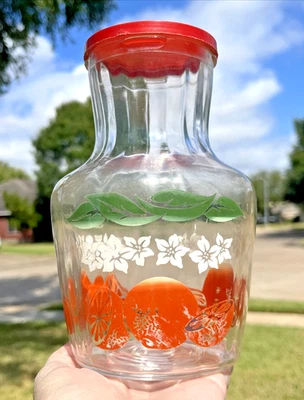 VTG Anchor Hocking Orange Juice Glass Carafe Pitcher - Oranges Red Lid 1960's - Image 1 of 4