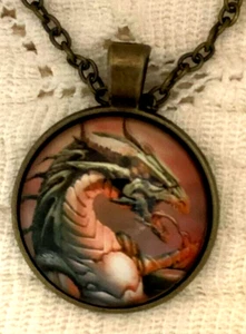 Dragon w Egg Colorful Bronze tone Necklace Chain Glass Domed Pendant 1" - Picture 1 of 3