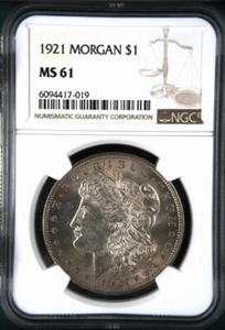 1921 MORGAN SILVER DOLLAR $1 COIN. NGC GRADED: MS 61. NGC CERT: 6094417-019 - Picture 1 of 2