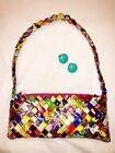 10”x 4”x 2” Colorful Mexican Candy Wrapper Bag Purse, Bonus Vintage Blue Earring