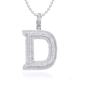 D/FL Round Cut Real Moissanite 14K White Gold Over Initial Letter D Pendant 2" - Picture 1 of 7