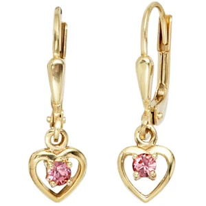 JOBO Kinder Boutons Herz 333 Gold Gelbgold 2 Glassteine rosa rosé Ohrringe Ohrhä - Picture 1 of 2