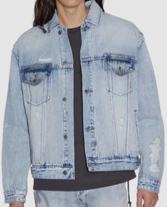 KSUBI Men's Blue Oh G Dollar Distressed Denim Jean Trucker Jacket Coat Size L - Picture 1 of 4