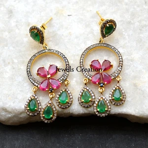 Flower Ruby Emerald Sapphire Gemstone Diamond Pave 925 Silver Earrings Jewelry - Picture 1 of 5