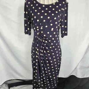 Connected Apparel Purple/Cream Polka Dots Ruched Side Short Sleeve Dress Size 10 - Picture 1 of 11