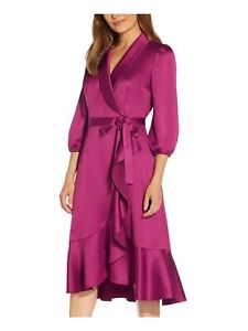 ADRIANNA PAPELL Womens Purple Tie Waist Lined Shawl Collar Dress Plus 14W
