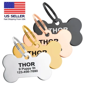 Custom Bone Shape Pet Tag ID Personalized Stainless Steel Cute Shiny Bling - Bild 1 von 7