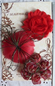 RED - 6 Gold Glitter Roses 25mm, Feather n Flower 75mm 8Pk MH - Picture 1 of 4