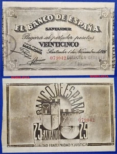 GUERRA CIVIL ESPAÑOLA SANTANDER 25 PESETAS 1936 SIN SERIE 079072, RESTAURADO. - Imagen 1 de 1