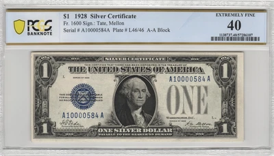 Fr.1600 1928 $1 Silver Certificate PCGS Extremely Fine 40 Fancy Serial Number - Image 1 of 2