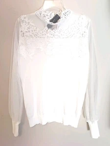 Adiva Damen Pullover weiß Spitze Ausschnitt Ärmel Blumen Häkel Strick Größe L - Bild 1 von 9
