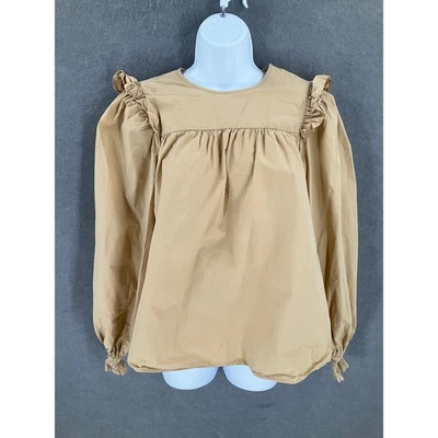 H&M Top Womens Sz S Beige Ruffle Shoulder Long Sleeve Blouse Peasant Cottage - Image 1 of 4