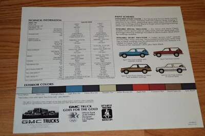 1984 GMC S15 JIMMY OPÇÕES/ESPECIFICAÇÕES DE CORES EXTERIORES ANÚNCIO DE REVENDEDOR ORIGINAL - Imagem 1 de 2