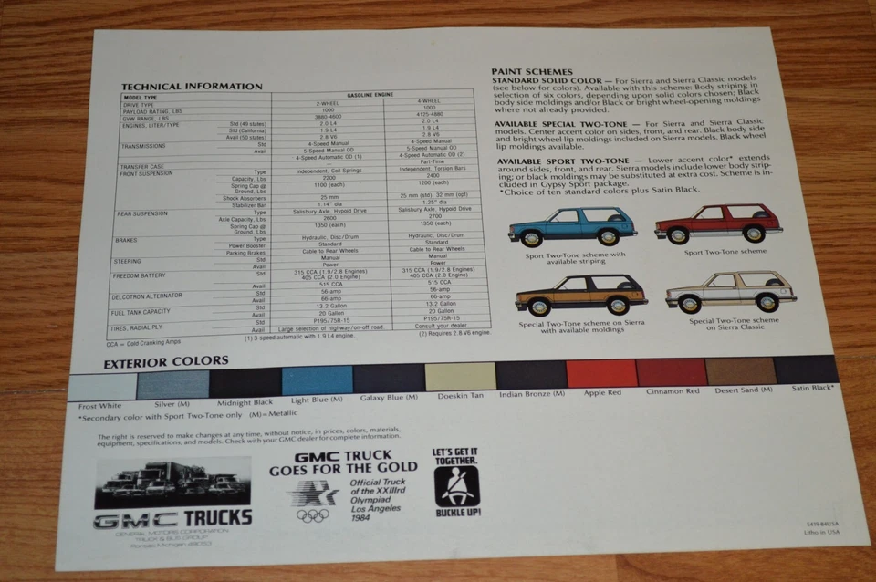 GMC S15 1984 Jimmy exterior opciones de color/especificaciones anuncio de distribuidor original Foto 1 de 2