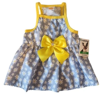 Vestido Simply Dog Rojo Azul, Flores Blancas, Amarillo Gema Satén Lazo Cachorro/Perro, Mediano Foto 1 de 3