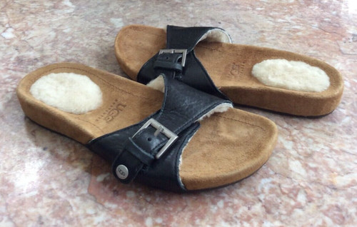 Nuovo sandalo UGG Australia donna nero pelle foderato pelliccia fibbia 1687 taglia 5 $120
