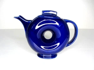 Vintage Hall Pottery Cobalt Blue Donut Teapot Coffee MCM Art Deco Retro - Picture 1 of 10