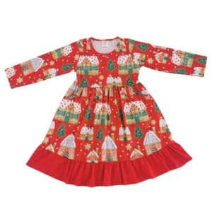 Christmas Ginger House Long Sleeve Round Neck Cotton/Spandex Girls Dress, 2T-7Y - Picture 1 of 1