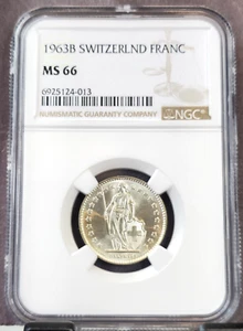 1963 SWITZERLAND SILVER 1 FRANC HELVETIA NGC MS 66 SCARCE BRIGHT LUSTER - Picture 1 of 3