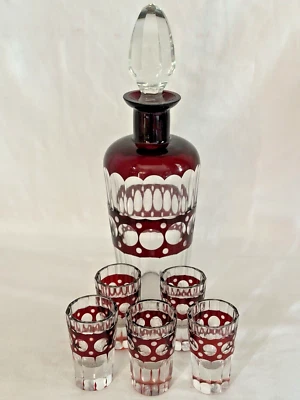 ANTIQUE BOHEMIAN RUBY RED CUT TO CLEAR CRYSTAL DECANTER W/ STOPPER & 5 CORDIALS - Image 1 of 4