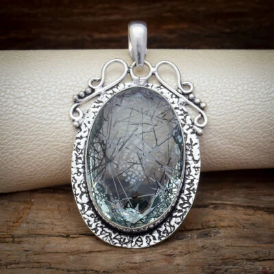 Favorable Nero Rutilato Quarzo Gemma 925 Pendente Argento Sterling 6.6cm - Immagine 1 di 3