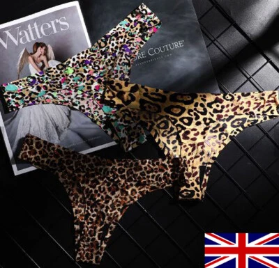 Womans Sexy Thong G-String Silk Panties Knickers Leopard Print Seamless UK