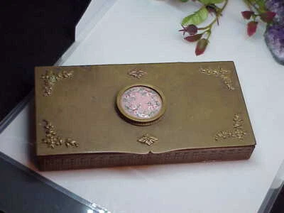 CAIXA DE CIGARROS UMIDOR BRONZE ESMALTE CLOISONNE CHINESA ANTIGA INSERÇÃO FLORAL ROSA - Imagem 1 de 4