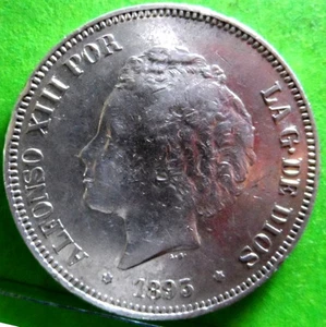VF+, ALFONSO XIII, 5 Pesetas, 1893 PG-V Stars 18 - 93, Silver, SPANISH - Picture 1 of 2