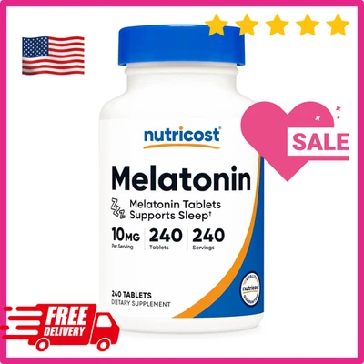 Nutricost Melatonina 10 mg, 240 comprimidos - 10 mg por porción, sin OGM, sin gluten Foto 1 de 4