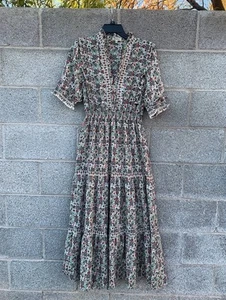 Max Studio Boho Tiered Maxi Dress Floral Smocked Ruffle Puff Sleeves Size Medium - Picture 1 of 12