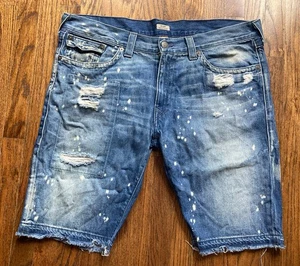 True Religion Ricky Jean Shorts Mens Size 40 Relaxed Distressed Flap Pocket USA - Picture 1 of 13