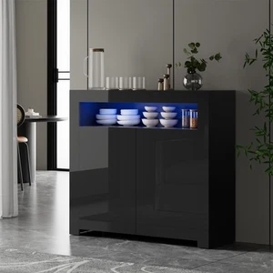 Oikiture Buffet Sideboard Storage Cabinet LED RGB High Gloss 2 Doors Black - Picture 1 of 10