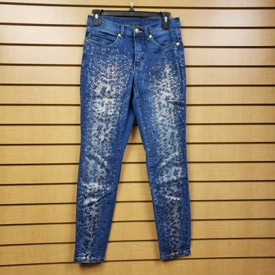 Venus 金属色溅射蛇皮印花牛仔裤紧身牛仔裤 6 码破旧 — 第 1/4 张图片