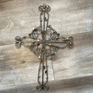Metal Wire Stone Wall Cross Medium Brown Home Hanging Religious Decor Art Beads - Picture 1 of 7