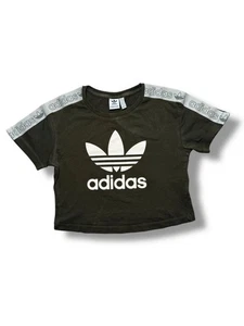 Camiseta recortada Adidas Originales Reino Unido 8 negra logotipo del trébol parte superior gris manga cinta en muy buena condición - Imagen 1 de 8